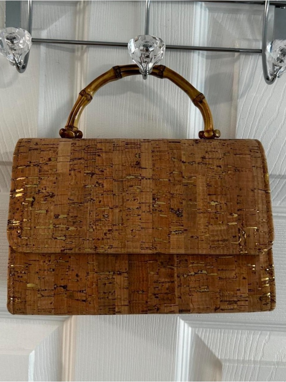 Brand New Cork Handbag bamboo/wood handle, gold chain strap. with Gold Accents